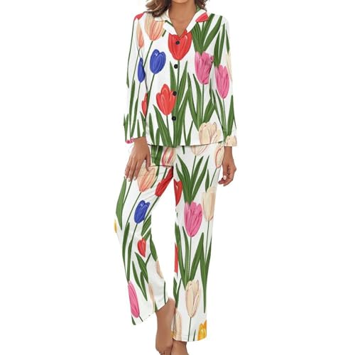 Pyjama femme manches longues respirant et fluide à motif tulipes peintes à la main