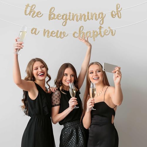 Image of Pre-Strung The Beginning of A New Chapter Banner - Gold Glitter Banner | No DIY - Pre-Strung on 10 ft Strands - Farewell, Going Away, Divorce, Retirement, Graduation, or Wedding Party Decorations