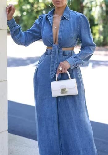 Voghtic Women's Sexy Denim 2 Pieces Outfits Fall Long Sleeve v Neck Crop Lace-Up Shirt Wide Leg Pants Matching Sets3