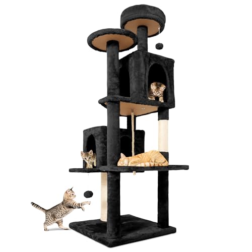 Image of 58.5inch Large Cat Tree Tower Condo for Indoor Cats, Soft Plush Multi-Level Climbing Tree Cat House with Cat Cave, Scratching Post, More Entrance /Exit, Sisal Rope, Night Black