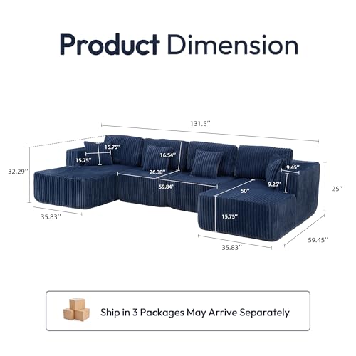 Image of 132 inch U Shaped Couch, Modular Sectional Sofa with Chaise, Corduroy U Shaped Boneless Couch with Deep Seat, Upholstered Modular Cloud Sofa for Living Room, No Assembly Required, Blue