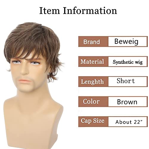Mens Short Brown Wigs Natural Layered Fluffy Wigs Synthetic Hair Wig for Halloween Costume Cosplay with Wig Cap … - Image 2