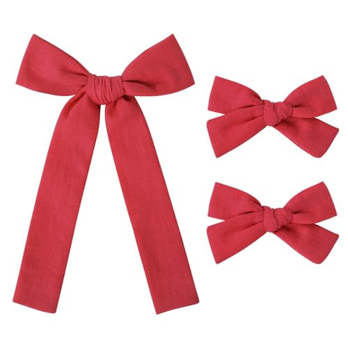 DEEKA Cotton Linen Hair Accessories Set: Red Hair Bows & Ponytail Knot Bows in 2 Sizes, Alligator Clips for Toddlers & Little School Girls
