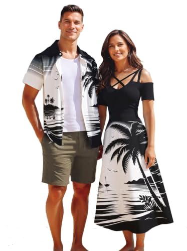 Image of Matchable Couple Hawaiian Coconut Tree Print Shirt or Plus Size Midi Cold Shoulder Dress