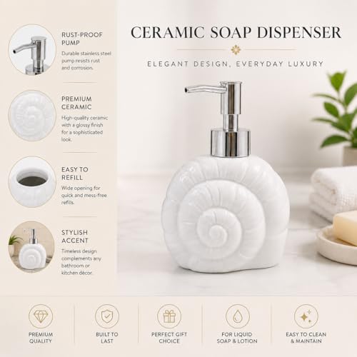 Image of Whizzo Ceramic Shell Shaped Liquid Soap Dispenser with Chrome Pump | Elegant Bathroom & Kitchen Accessory | White Glossy Finish | Refillable Handwash Lotion Bottle (420ML, LD-212, Design3)