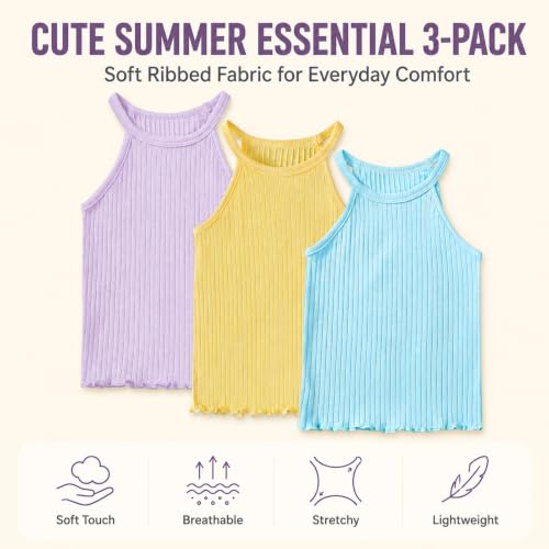 Image of ROMPERINBOX Toddler Tank Tops Girls 3 Pack Ribbed Knit Multipacks Halter Top Camisoles Undershirt