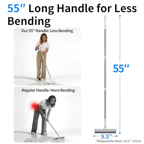 Image of Floor Scrub Brush with 55 inch Long Handle, 2-in-1 Floor Brush with Built-in Squeegee, Adjustable Angle Head and Stiff Bristles for Tile, Wood, Concrete & Textured Floor Cleaning