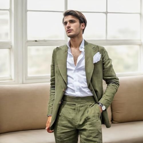 Mens Linen Suit for Beach Wedding Double Breasted Prom Tuxedos 2 Piece Peak Lapel Blazer Pants for Summer2