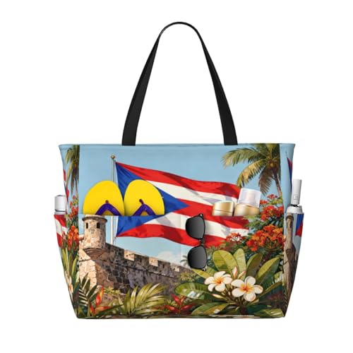 Zaxiron Puerto Rico Flag Large Capacity Beach Travel Bag Waterproof Beach Tote Bag With Multiple Pockets Foldable Travel Tote