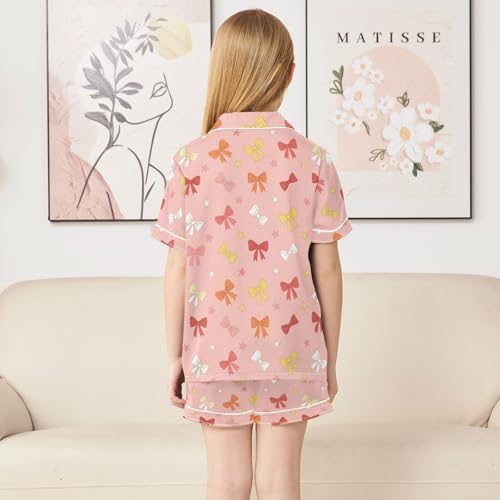 Satin Pajama Sets Short Sleeve Colorful Bows on Pink Background Button Down Silky Nightwear 2 Piece PJS 5-14Y4