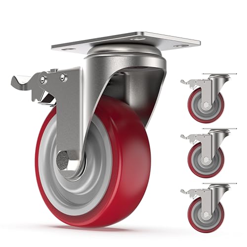 COOCHEER Set of 4 100 mm Ruote girevoli, Ruote Orientabili con Freno Rotelle per Letto e Mobili, Capacità di carico massima 400KG, Rosso