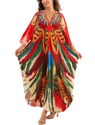 Image of KECVOT Kaftan Dresses for Women Plus Size Batwing Sleeve Caftans Long Bathing Suit Cover Up Maxi Beach Dress Loungewear