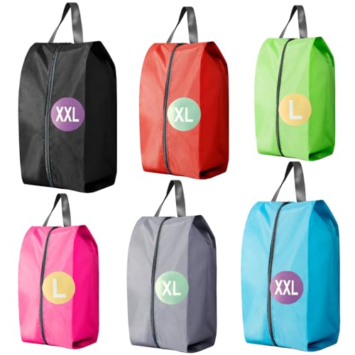 DUALCROWN 6 Pack Foldable Shoe Bag For Travel Of 3 Size In One Set,With Zipper Closure And Leather Handle(6 Pack Color mixed)