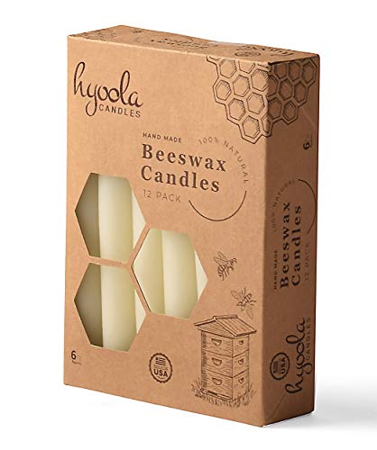 Hyoola 6" Beeswax Taper Candles 12 Pack - Handmade, All Natural, 100% Pure Unscented Bee Wax Candle - Tall, Decorative, White 6 Hour Burn Time