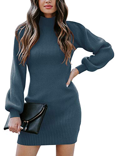 Caracilia Women Turtleneck Knit Stretchable Elasticity Long Sleeve Slim Fit Sweater Dress C14A5dianlan-M Navy