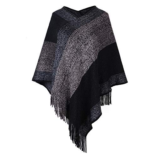 Image of Women's Elegant Knitted Shawl Poncho with Fringed V-Neck Striped Sweater Pullover Cape Gifts for Women Mom