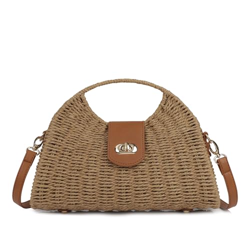 Youjaree Women Straw Beach Bag Handmade Woven Crossbody Shoulder Bags Top Handle Satchel Handbag Purse for Summer, Brown, Medium