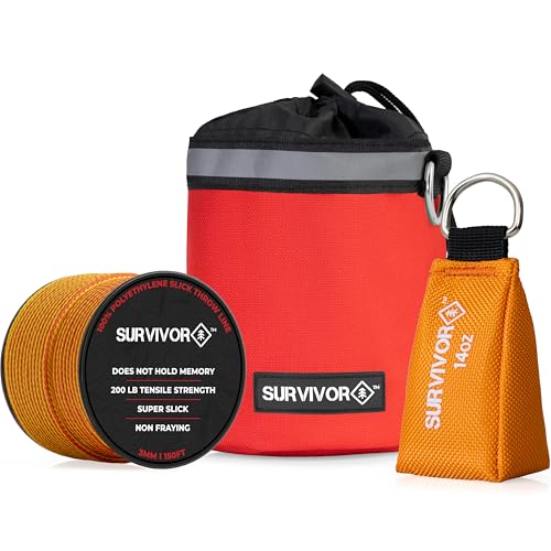 SURVIVOR Arborist Throw Line Kit - Includes 14 OZ Throw Weight, 200 LB Throw Line, & Storage Case - Rugged Tree Climbing Gear with Arborist Rope, Arborist Throw Bag, & Storing Case (Red)