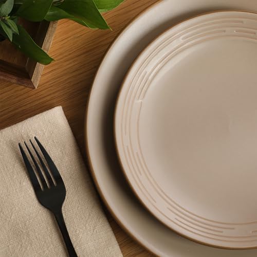 Image of Gibson Home Chiswick House 16-Piece Stoneware Dinnerware Set, Round Plates and Bowls Set for 4, Beige with Wax Relief Embossed Rim Detail, Dishwasher Safe - Dinner Plate, Salad Plate & Cereal Bowl
