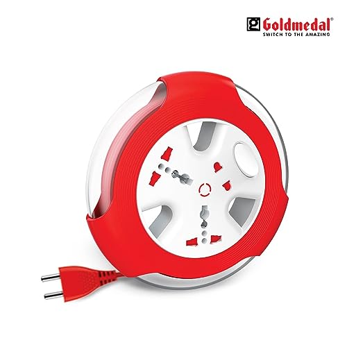 Image of Goldmedal Krysta 2 Pin Extension Cord (White and Red) - Pack of 1, Master Switch with Indicator, Heavy-Duty 5-meter Cable, International Sockets & 2-Pin Socket, Ultra-Smooth Rotation for Home & Office
