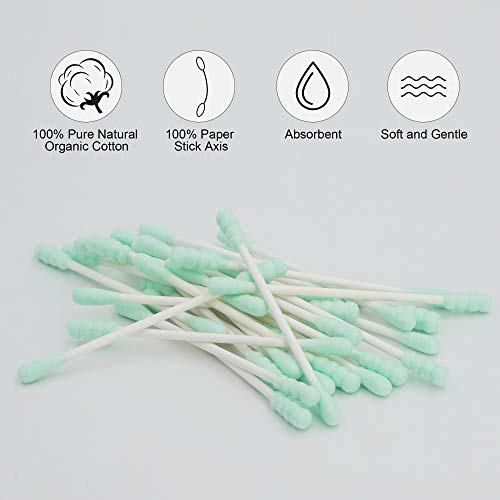 HOMEFOX 200 Count Cotton Swabs Double Tipped Organic Cotton Buds Round & Spiral Soft Gentle Chlorine-Free (Green)