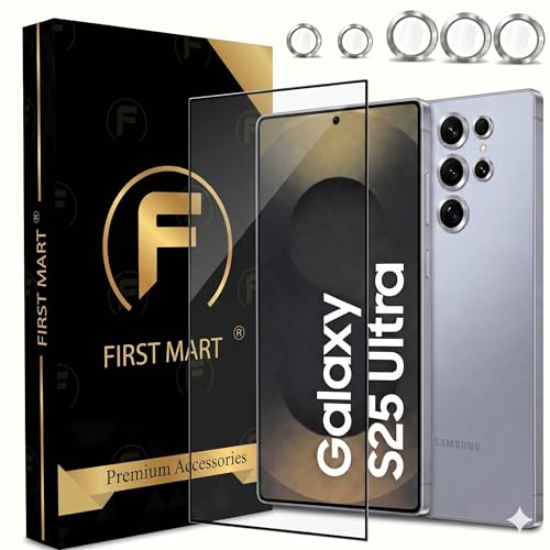 Image of FIRST MART Tempered Glass for Samsung Galaxy S25 Ultra 5G with Silver Camera Ring Guard & Installation Kit | HD Clear Edge-to-Edge Screen Protector, Scratch Resistant, Case-Friendly | Pack of 1