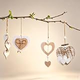 txuzong 4 Stück Hängende Holz-Herzen Fensterdekor, Holz-Dekoanhänger in Herzform für Fenster, Raum, Hochzeit und Tischdeko – Natürlicher Wandbehang, Rustikale Wohnaccessoires