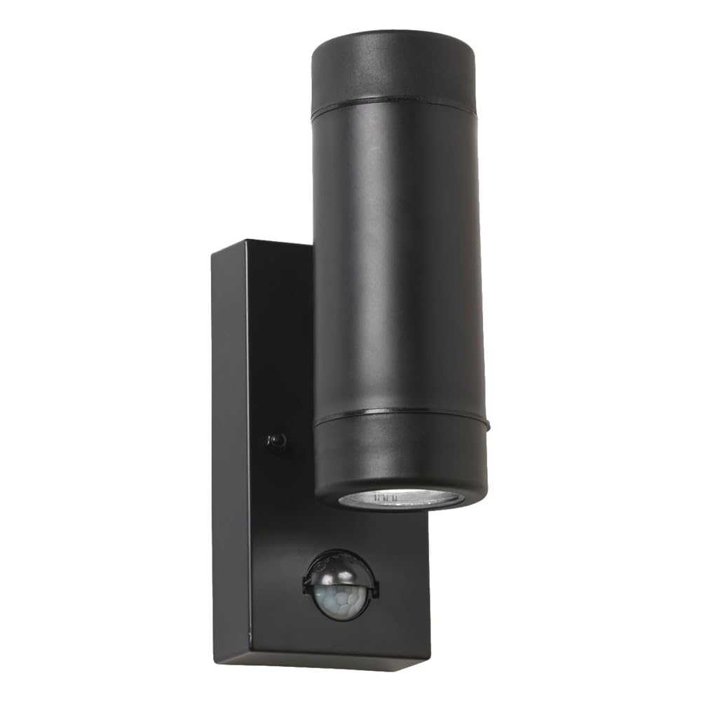 Firstchoicelighting Black & Clear Black Polypropylene Outdoor Security Up Down Wall Light, Pir Motion Sensor, Ip44 Rated Coastal Lighting, Led Compatible