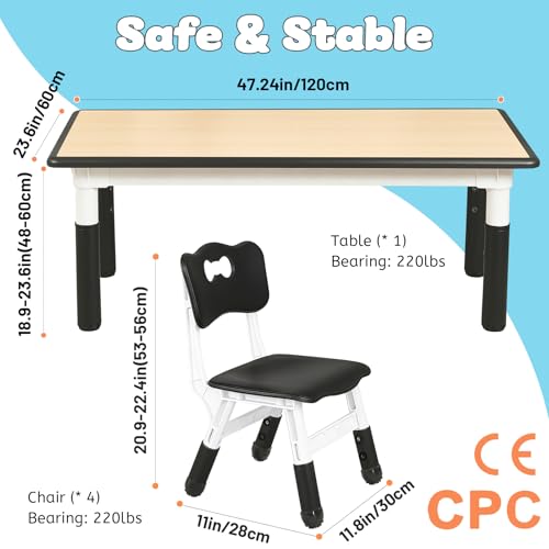 Image of FUNLIO Kids Table and 4 Chairs Set for Ages 3-8, Height Adjustable Toddler Table and Chair Set, Easy to Wipe Arts & Crafts Table, for Classrooms /Daycares /Homes, CPC & CE Approved (5-Piece Set) - Black