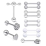 DOKRIN Piercings barbells,Lot de 12 piercings de langue en acier inoxydable argenté (épaisseur : 1,6 mm, longueur : 16 mm), boule 5/6 mm