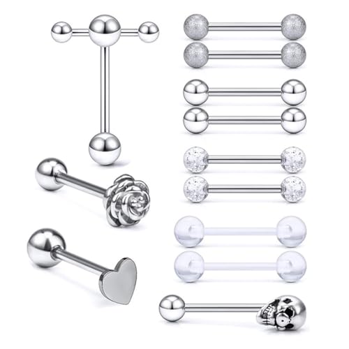 DOKRIN - DOKRIN Piercings barbells,Lot de 12 piercings de langue en acier inoxydable argenté (épaisseur : 1,6 mm, longueur : 16 mm), boule 5/6 mm