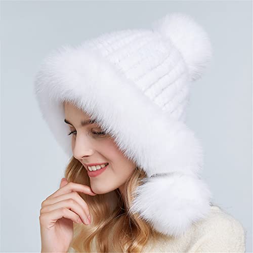 Desconocido Gorros de Piel de Invierno para Mujer, Gorros con pompón de Piel, Gorros de Piel de Punto con Forro cálido
