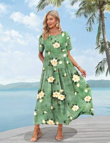 Image of YESNO Women Casual Loose Bohemian Floral Dress with Pockets Short Sleeve Long Maxi Summer Beach Swing Dress EJF