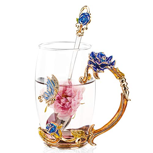 sudatek Emaille klare Glas Kaffee Tasse Tee Wasser Tasse mit Löffel handgefertigt Schmetterling Rose Geschenk-Set Blue Rose Tall