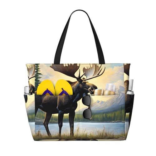 (Moose Cute Deer) Large Beach Tote Bag For Women With Zipper Foldable Lightweight Travel Pool Bag For Vacation Shopping