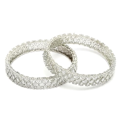 Image of ZENEME Rhodium-Plated Silver Toned White American Diamond Studded Bangle Set for Women and Girls