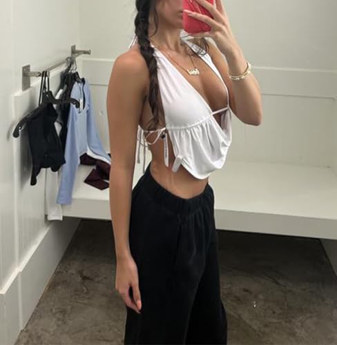 Women Sexy Halter Tops Tie Back Deep V Neck Sleeveless Crop Tops Y2K Backless Tops for Women Party Club Night3