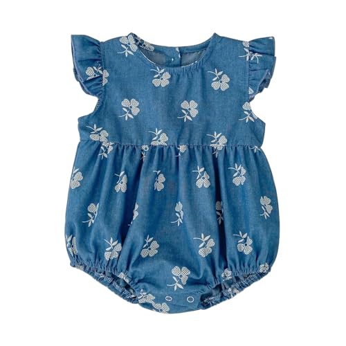 HOOLCHEAN Baby Girl Bubble Romper Soft Chambray Sleeveless Outfit with Clover Print