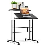 Athena Collection Height Adjustable Rolling Desk Mobile Portable Laptop Stand Cart Small Sit Standing Desk Computer Table Workstation for Home Office, Black