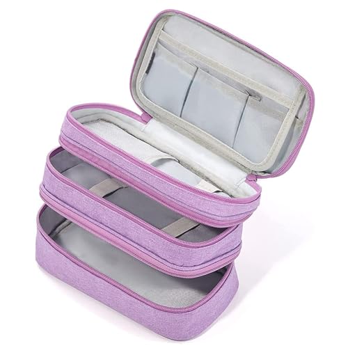 Image of Large Capacity Canvas Pencil Case With 3 Compartments - Light Purple | Portable Canvas Stationery Organizer With Double Zippers, Simple for College, School, Office, Girl, Boy, Men, Women, Adult