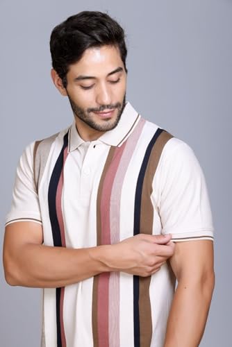 Image of SANE ORIGINALS Textured Polo T-Shirt for Men in Vertical Stripes || Old Money Polos for Men