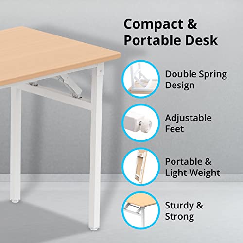 Halter Folding Desk Table, No Assembly Collapsible Computer Desk For Office, Bedroom, And Study - 47” Space-Saving Portable, Foldable Study Table- Teak Colored Table Top, White Frame #TOP3