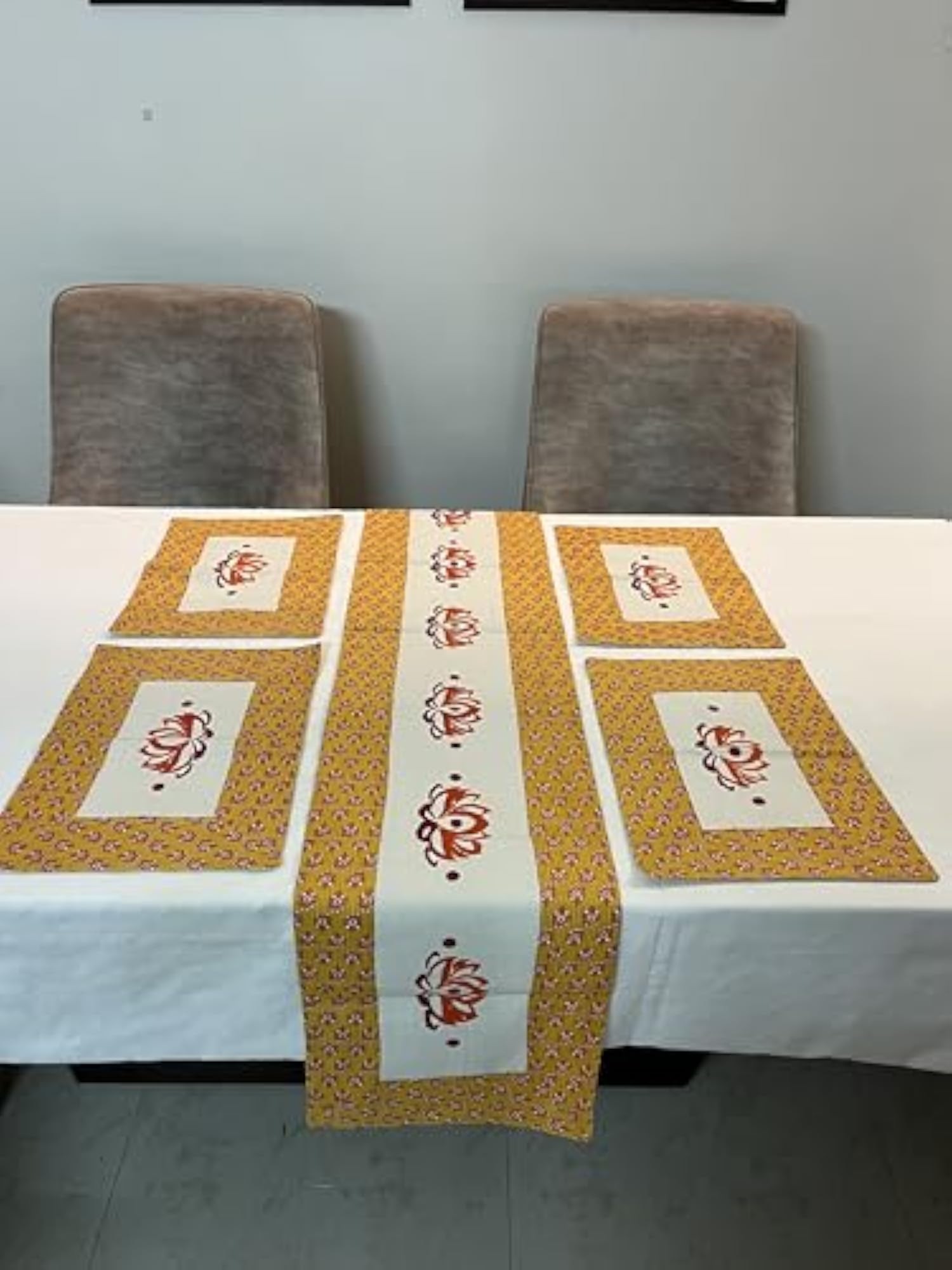 Handpainted Set of 6 Dining Mats with Runner, Orange