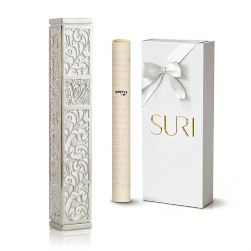 Image of SURI Mezuzah for Door with Scroll, 7 Inch Silver and White Mezuzah Case with Non Kosher Scroll Inside, Fits a up to 6 Inch Scroll, Includes Adhesive and Gift Box
