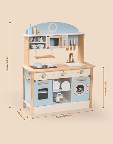 Robotime Wooden Toys Kitchen Sets For Kids Girls Boys Kitchen Playset,Wooden Chef Pretend Play Kitchen For Toddlers Ages 3+ W/Microwave Oven,Clock,Towel Rack (Blue) #TOP1