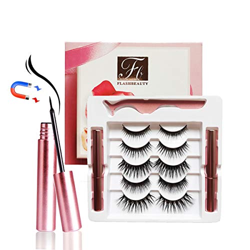 Magnetic Lashes with Eyeliner Kit, Fake Eyelashes Magnetic Natural Look 5 Pairs Different Reusable 3D Upgraded Mink Eyelashes with 2 Tubes Magnetic Eyeliner and Tweezer - Easy To Wear No Glue Needed