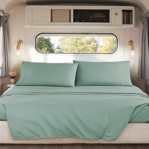 Image of Nestl Sage Green Short Queen Sheets for RV, Hotel Luxury RV Queen Sheets Set, 4 Piece Fitted Bed Sheet Set and Pillowcases, Super Soft, Wrinkle-Free, and Breathable Camper Bedding