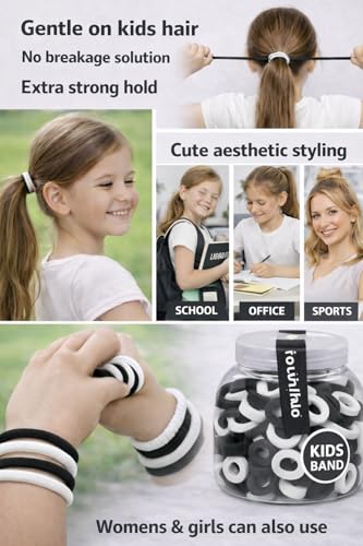Image of Frescorr (100 pcs) Baby Hair Ties | Soft No-Damage Premium Elastic Mini Rubber Bands for girls | Strong Stretch Ponytail Holders | Daily Use Hair Accessories | (white-Black)