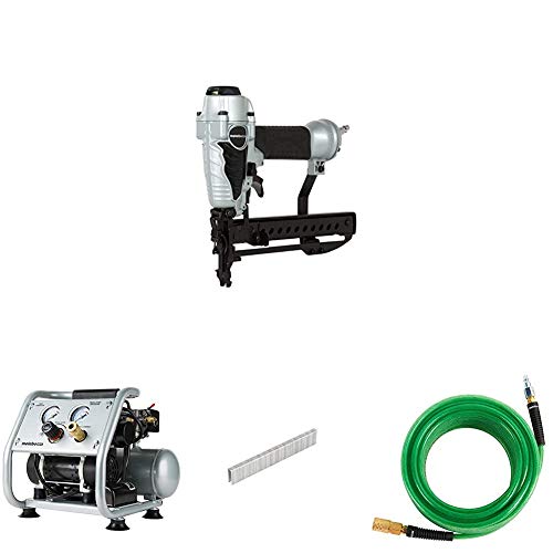 Metabo HPT N3804AB3 Pneumatic 1/4-Inch Narrow Crown Stapler with Metabo HPT EC28M 1 gallon Quiet Air Compressor, Finish Staples and Metabo HPT 115155M Air Nailer Hose