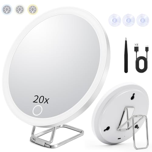 Yeecka Espejo Maquillaje con Luz 20x, Espejo Aumento Ventosa Ducha, 15 cm Espejo Iluminado con Soporte De Mesa,3 Modos De Color, Oscurecimiento Automático, para Baño Viaje Afeitado Depilación Cejas